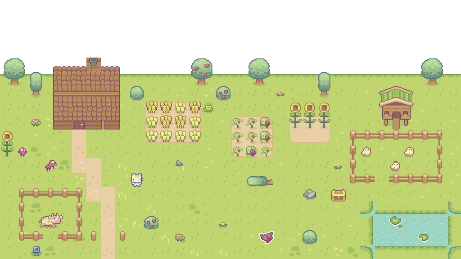 Pixel-art farm at dawn: a farmhouse breaking the horizon, fields of wheat, beets and sunflowers, chickens by the coop, a cow in her paddock, and a pond in the corner.